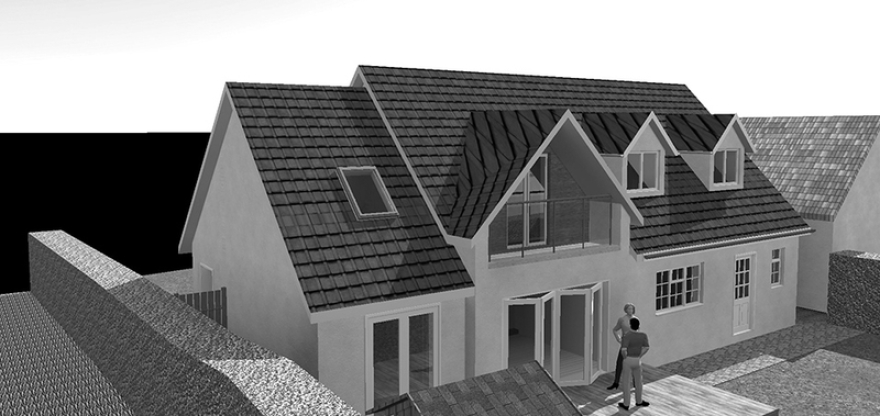 We've received planning permission for a playroom, office and bedroom balcony extension for this family home in Castel.